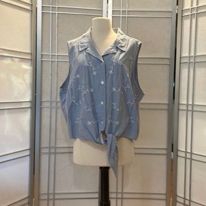 * Halter Top Light Blue Demin with Cream Embroidery - Lightweight Tie at Waist